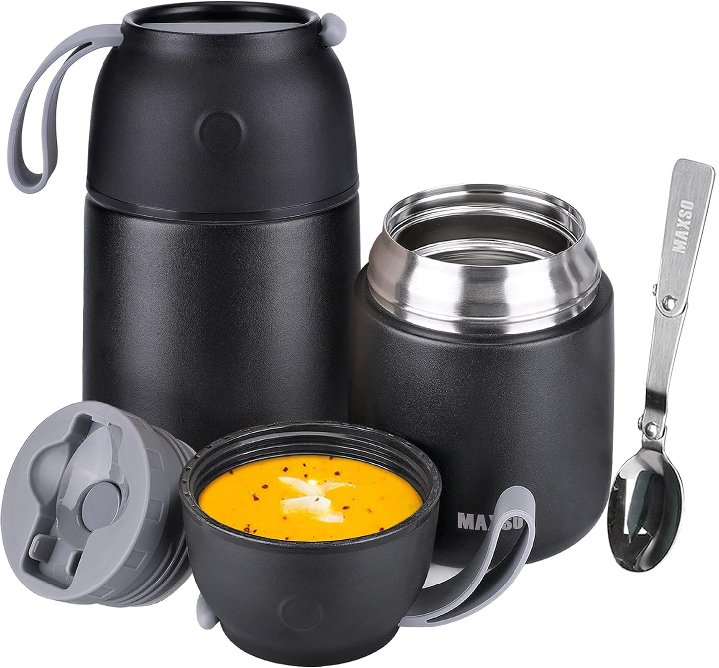 Insulated Thermo Food Jar for Hot & Cold Food for Kids Adult, 17&24 oz Soup Thermal Hot Food Containers for Lunch, Triple Layer Insulation Stainless Steel Food Jar with Spoon (2 Pack Black)