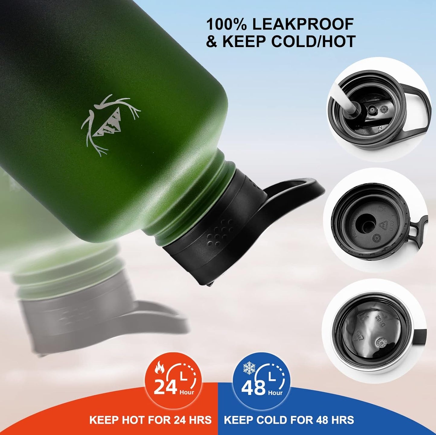 NATURE PIONEOR Insulated Water Bottles with Straw - 64oz Stainless Steel Vacuum Bottle with Holder/Carrier/Sleeve - Reusable 18/8 Food Grade Half Gallon Water Jug