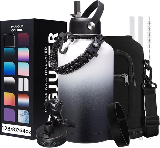 64OZ Stainless Steel Water Bottle with Paracord Handle, Straw/Spout Lid, Half Gallon Vacuum Insulated Water Flask Jug, Leak-Proof Large Sports Jug for Biking Travel Camping