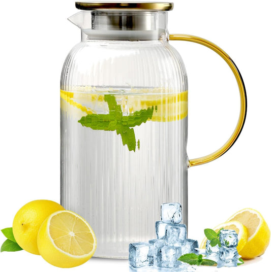 68 oz/2 Liter Glass Pitcher with Lid,Hand Blown Glass Water Pitcher for Cold Brew Coffee,Hot Water, Milk, Modern Vertical Stripes Iced Tea,Father's Day Gifts