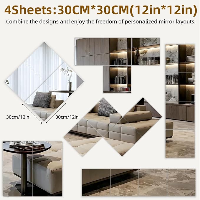 Stick on Small Mirror for Wall Decor, 4 Pack 13.8”x13.8” Acrylic Mirror Tiles - Image 2