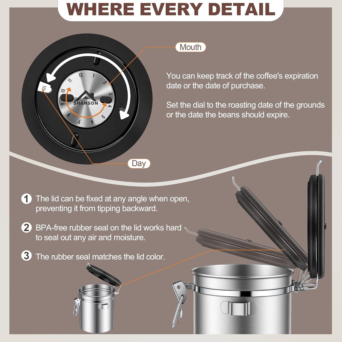 ShanSon Coffee Canister Airtight Coffee Container Stainless Steel Coffee Bean Storage Container with Scoop Coffee Canister for Beans Grounds Sugar Flour Tea Cereal,22OZ,Silver