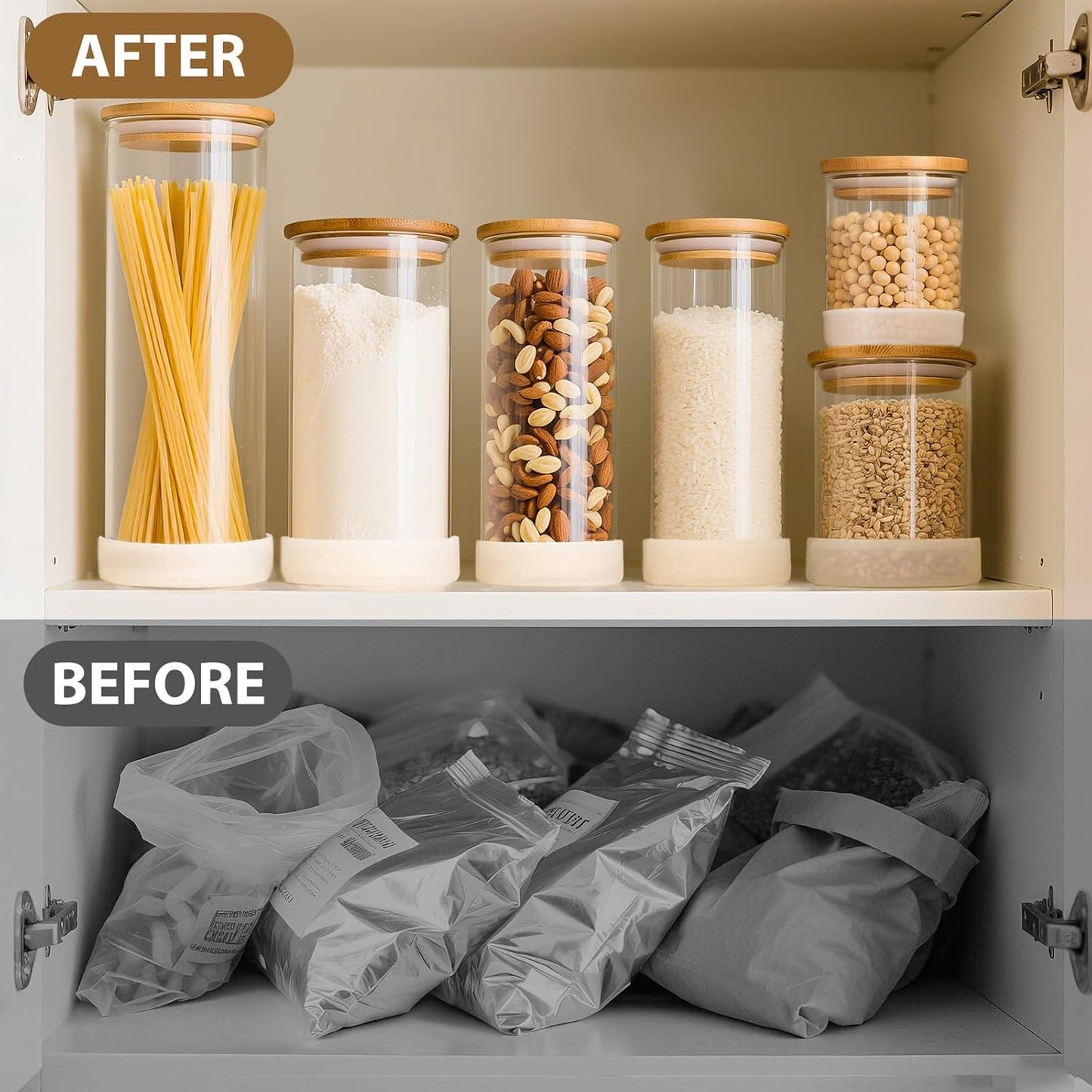 Glass Storage Containers with Bamboo Lids – 7 Pack Airtight Clear Glass Jars in Mixed Sizes (17oz/25oz/34oz/53oz/73oz) for Pantry Organization, Kitchen Dry Food, Coffee, Flour, Pasta & Snacks