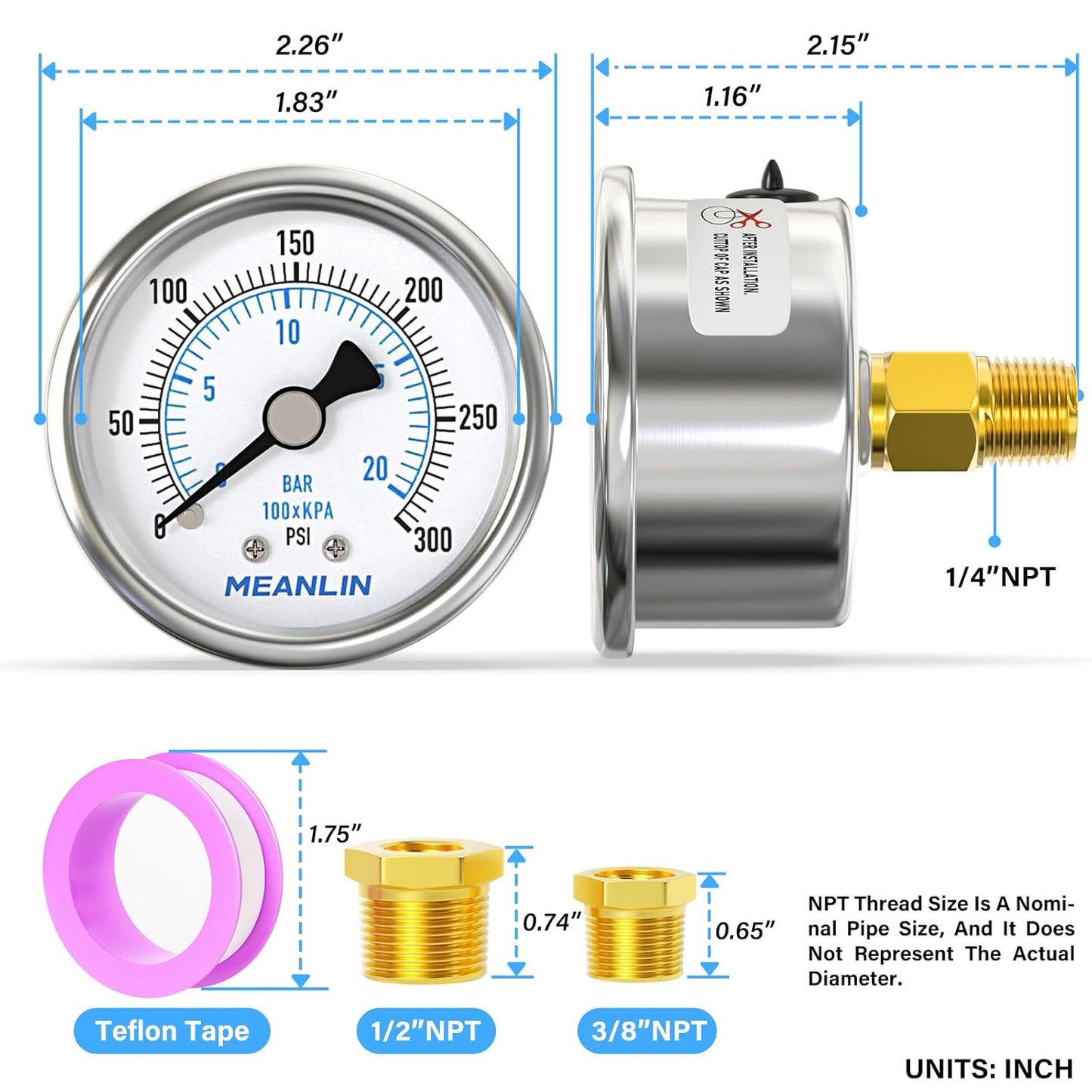 MEANLIN MEASURE 0~300Psi Dry Pressure Gauge Stainless Steel 1/4" NPT 2" FACE DIAL Waterproof for Air Compressor Air Regulator Water Filter Center Back Mount, with 1/2" NPT and 3/8" NPT Hex Bushing