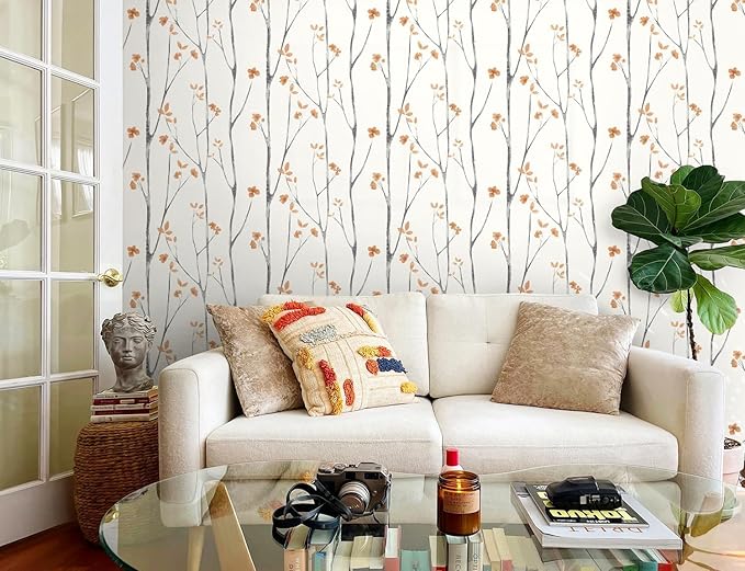 Timeet Peel and Stick Wallpaper White and Orange Floral Wallpaper Boho Leaf - Image 2