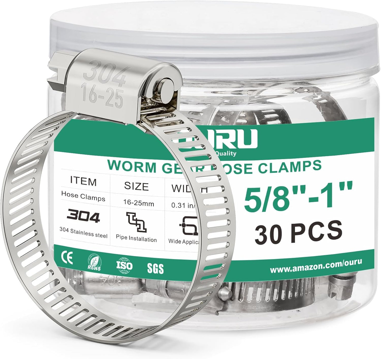 30PCS Hose Clamps Stainless Steel Adjustable 5/8"–1"(16-25mm) Worm Gear Hose Clamp, Heavy Duty Metal Small Hose Clamps for Automotive, Pipe, Radiator Plumbing, Fuel Line