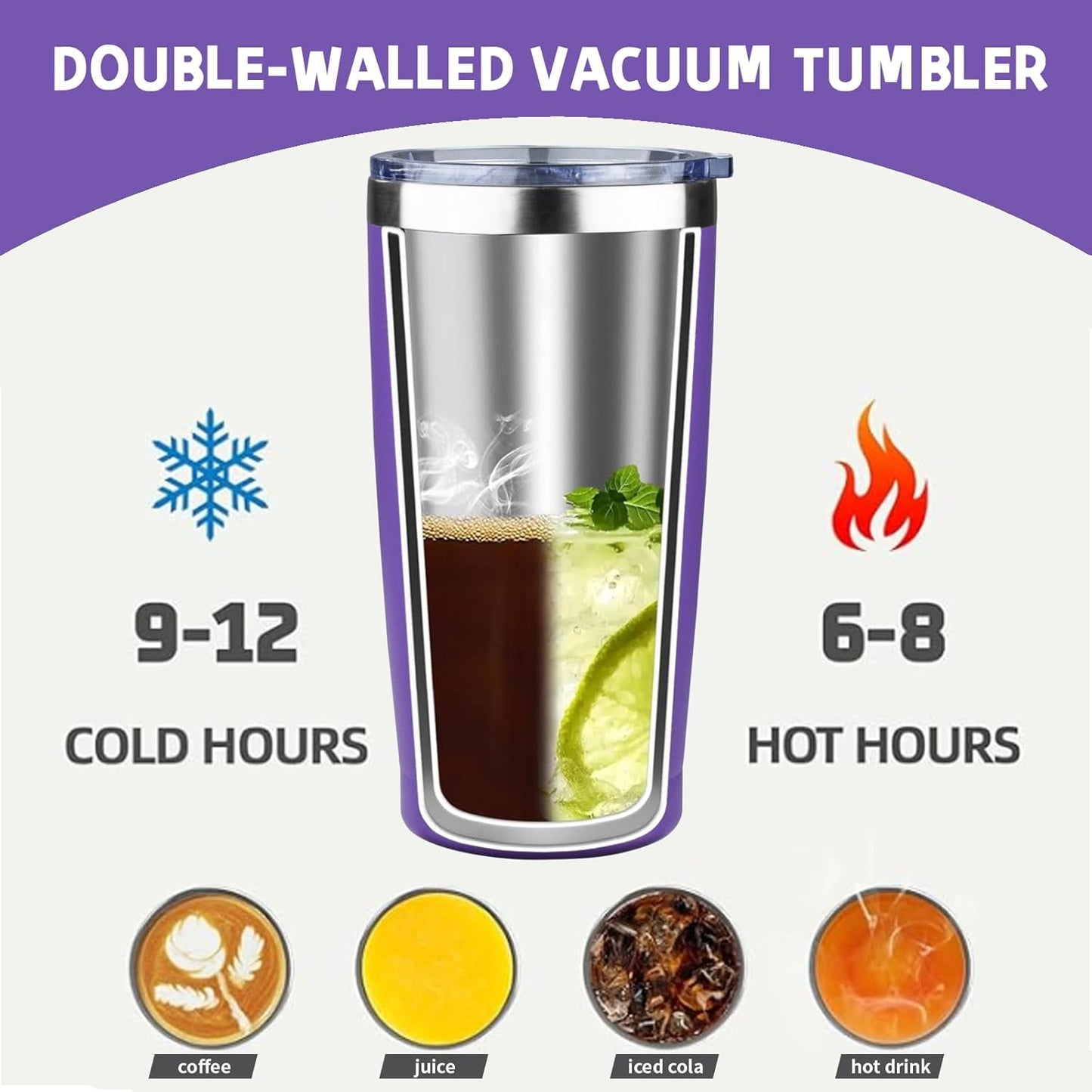 20 oz Tumbler with Lids and Straws, Stainless Steel Insulated Coffee Tumbler, Double Wall Vacuum Insulated Travel Mug Cup, Leakproof Thermal Coffee Cup for Hot and Cold Drinks (purple)