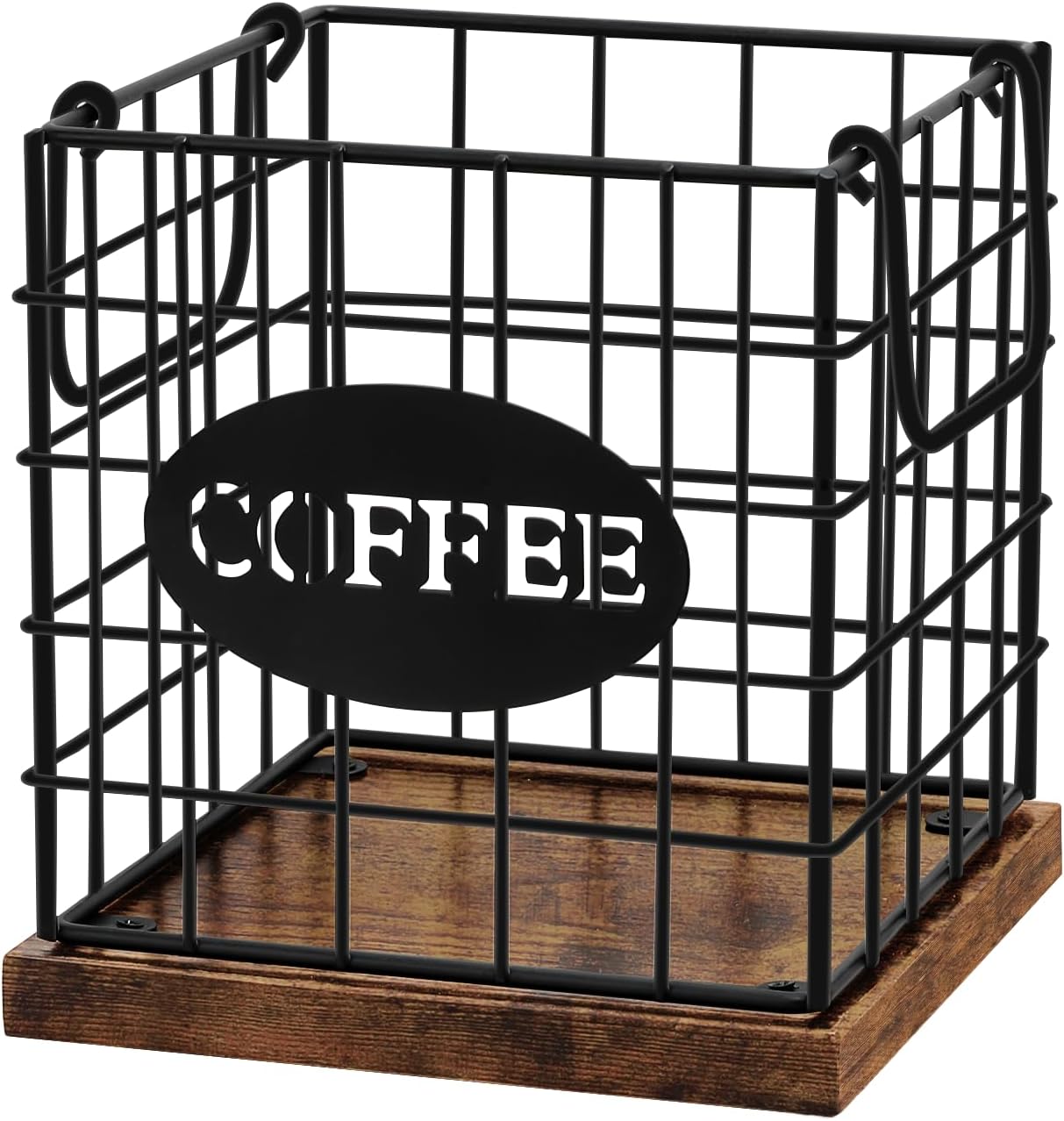 Coffee Pod Holder Organizer,Large Capacity K Cup Holder Organizer, Storage Basket for Kitchen Countertop Office Coffee Bar with Wooden Base(Rustic Brown-Square)