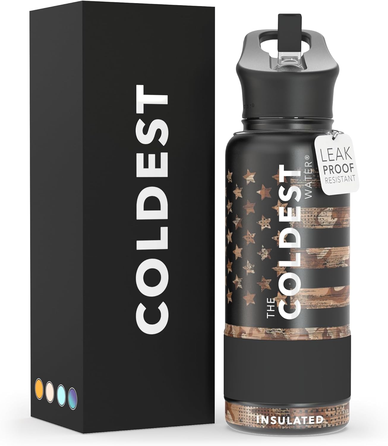 Coldest Insulated Water Bottle with Straw Lid - Stainless Steel Metal Insulated Bottle for Men & Women (Camouflage Flag, 32 oz)