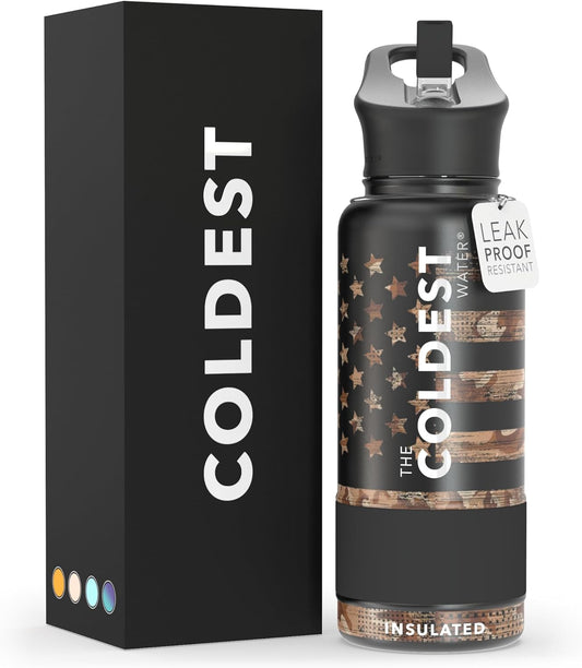 Coldest Insulated Water Bottle with Straw Lid - Stainless Steel Metal Insulated Bottle for Men & Women (Camouflage Flag, 32 oz)