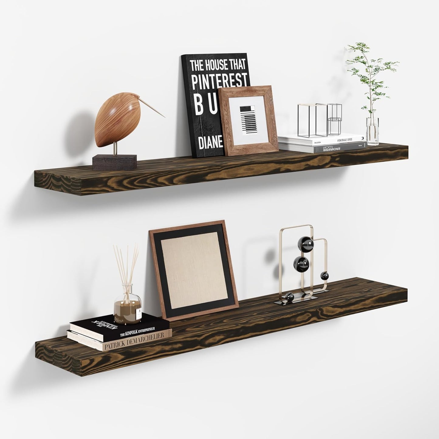 36'' Pine Wood Floating Shelves for Wall- Set of 2 - Rustic Wall Mounted Wooden Shelf for Stylish Home Décor (Dark Brown, 36x6.5x1.25)