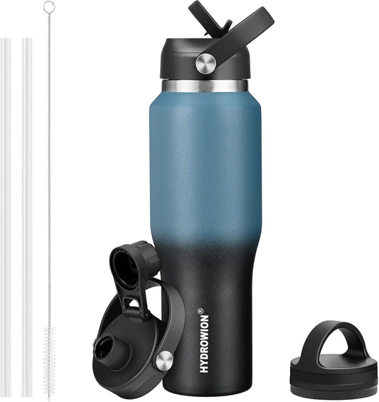 HYDROWION 32oz Water Bottle, Double Wall Vacuum Stainless Steel Insulated Water Flask with Straw Lid, Spout Lid and Flex Cap(Cold for 48 Hrs, Hot for 24 Hrs), Leakproof Travel Thermo Mug, Blue&Black