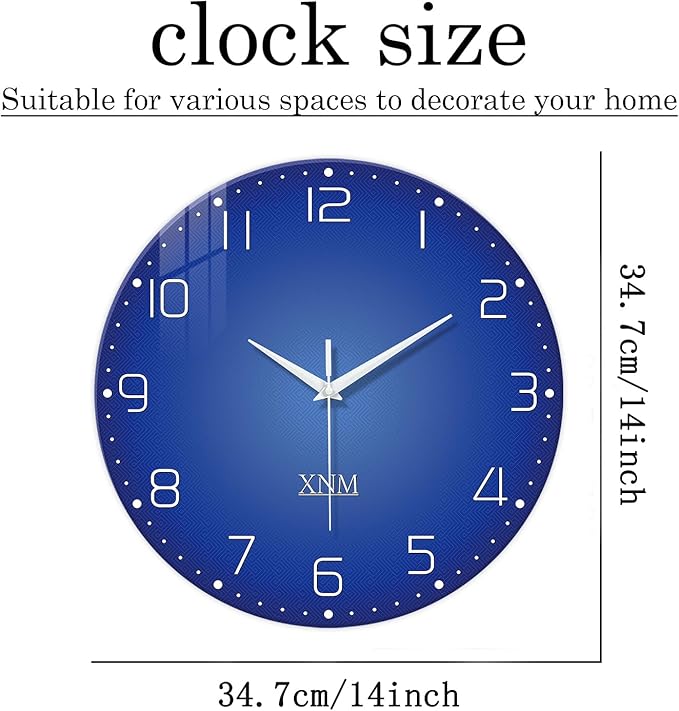 XNM Blue Simple Glass Wall Clocks Battery Operated 14 Inch Modren Minimalist - Image 3