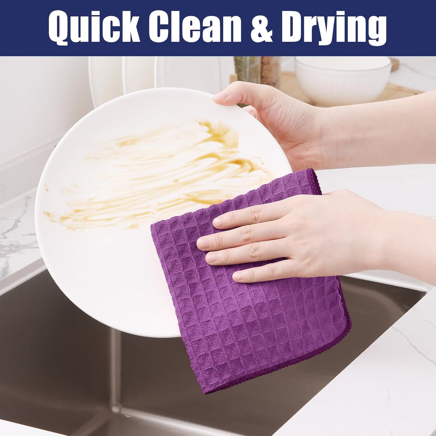 Homaxy Microfiber Waffle Weave Kitchen Towels, 16 x 28 Inch Ultra Absorbent and Solid Color Dish Towels, 4 Pack, Purple