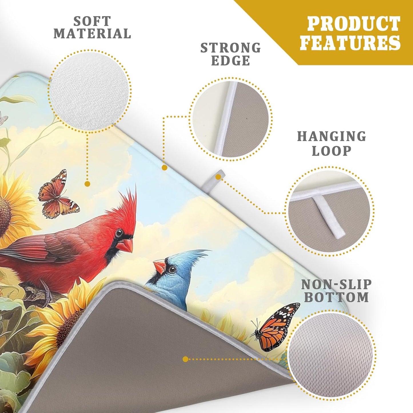 Giwawa Sunflower Birds Dish Drying Mat, Spring Summer Yellow Floral Butterflies Reversible Dish Drainer Mats Drying Pad for Kitchen Countertop Farmhouse Decor, 18x24inches, Large