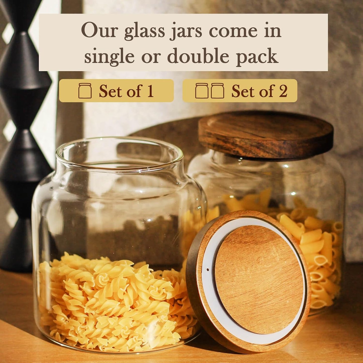 Labina Glass Storage Container Airtight Food Jars Kitchen Canister with Wood Lids, 54 Oz (1600ml) Wide Mouth Pantry Organization Glass Jar for Flour, Sugar, Cookie, Spagetti, Nuts and Candy