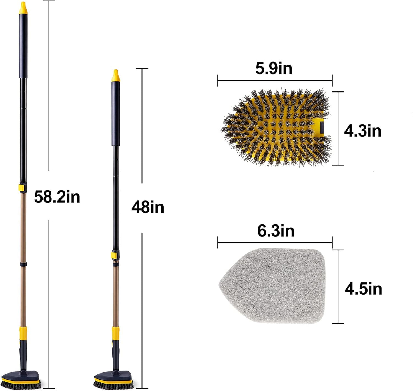 Yocada Tub Tile Scrubber Brush 2 in 1 Cleaning Brush 58.2 Inch Adjustable Telescopic Pole Stiff Bristles Scouring Pads for Cleaning Bathroom Kitchen Toilet Wall Tub Tile Sink Non Scratch