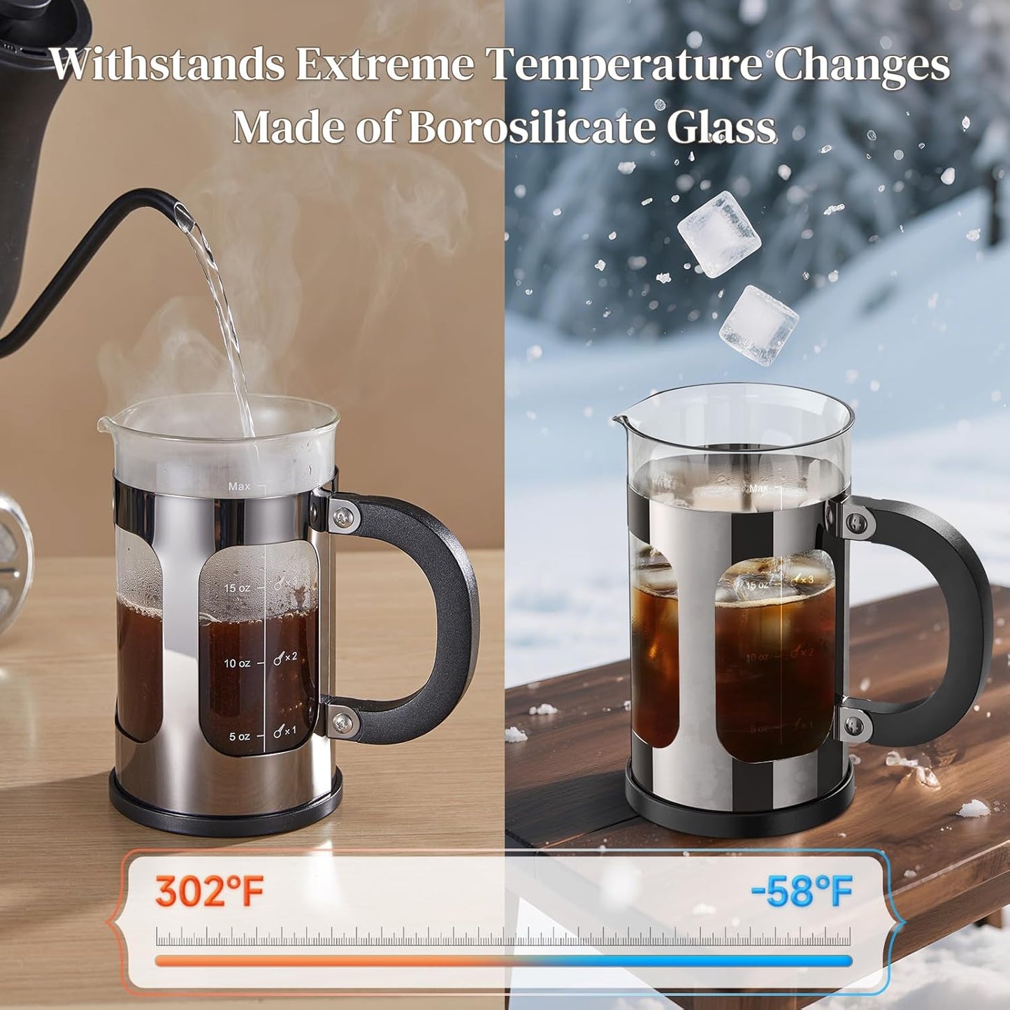 Veken French Press Coffee Maker 21oz 0.6 L, Heat Resistant Thickened Borosilicate Glass,Stainless Steel Brewer,Single Serve Small Pot, Cold Brew Cafetera Teapot for Kitchen Travel Camping, Dark Pewter