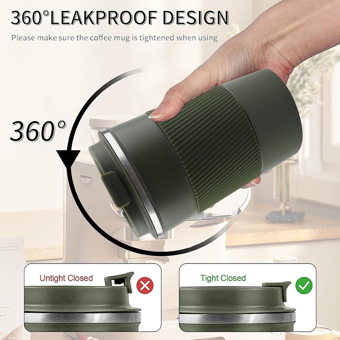 YINBAOGE Insulated Travel Coffee Mug Spill Proof Leak Proof Pobtable To Go Camping Stainless Steel Coffee Tumbler Reusable Coffee Cups with Lids Thermos for Hot and Cold Drink (Green, 12 OZ)