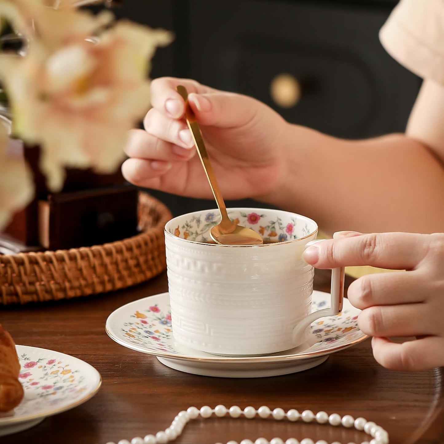 Tea Cups and Saucer Sets,8.8 oz Cappuccino Cups with Saucers and Spoons,3 Pieces, Vintage Style,Embossed Bone China Coffee Cup & Saucer Set For Women Wedding/Birthday/Christmas Gift
