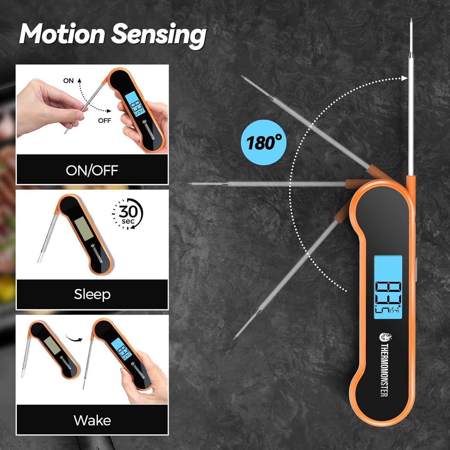 0.5 Sec Instant Read Meat Thermometer Digital with ±0.5℉ Precision, 100% Waterproof Auto Flip Bright LCD Screen, Motion Sensing Food Thermometer for Cooking Kitchen Oven Grill Candy BBQ, Orange