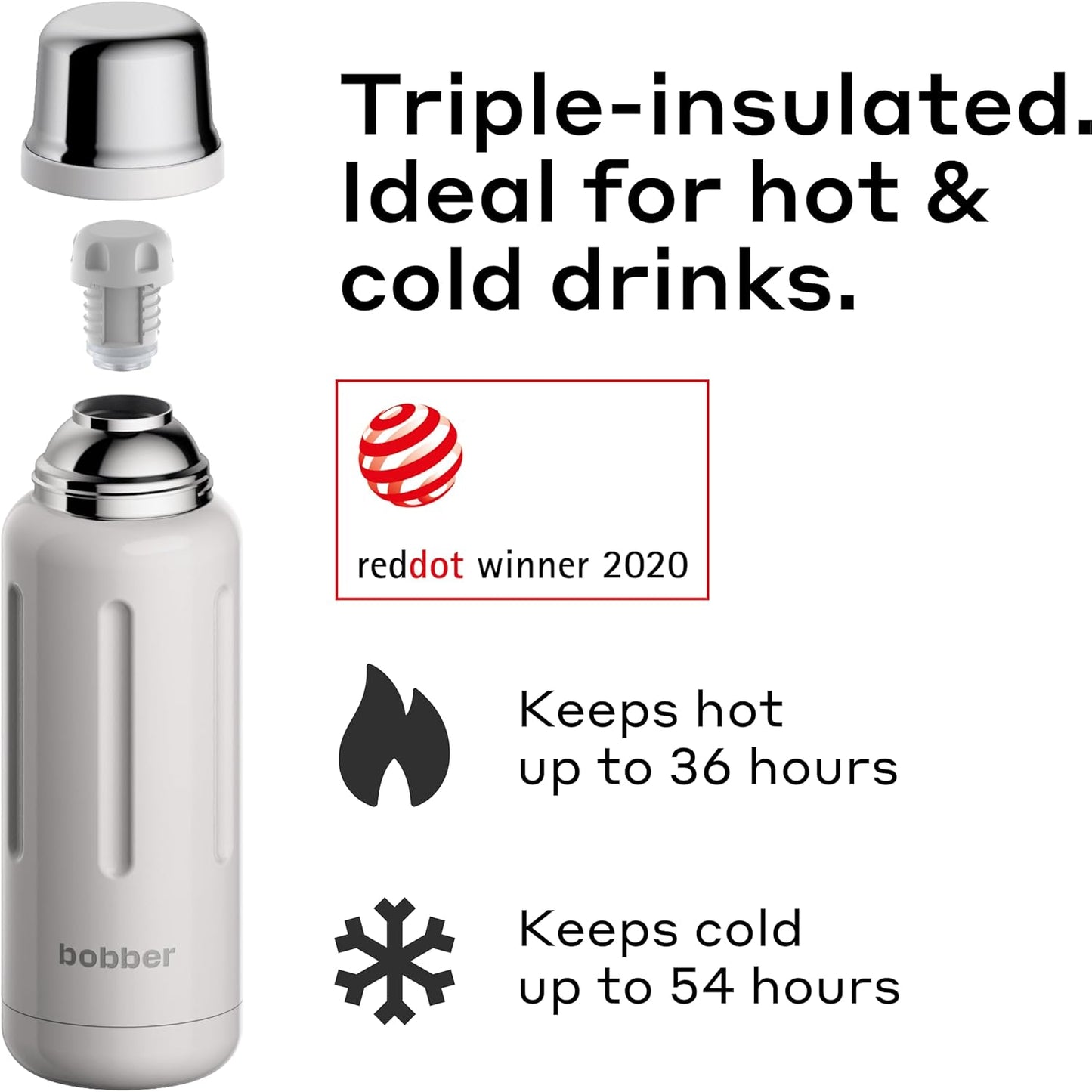 BOBBER 26 oz Stainless Steel Thermos for Hot Water with Cup – BPA-Free, Dishwasher Safe Coffee Thermos Flask – Keeps Hot for 36 Hours – Vacuum Insulated Hot Water Flask for Men, Tea (Sand Grey)