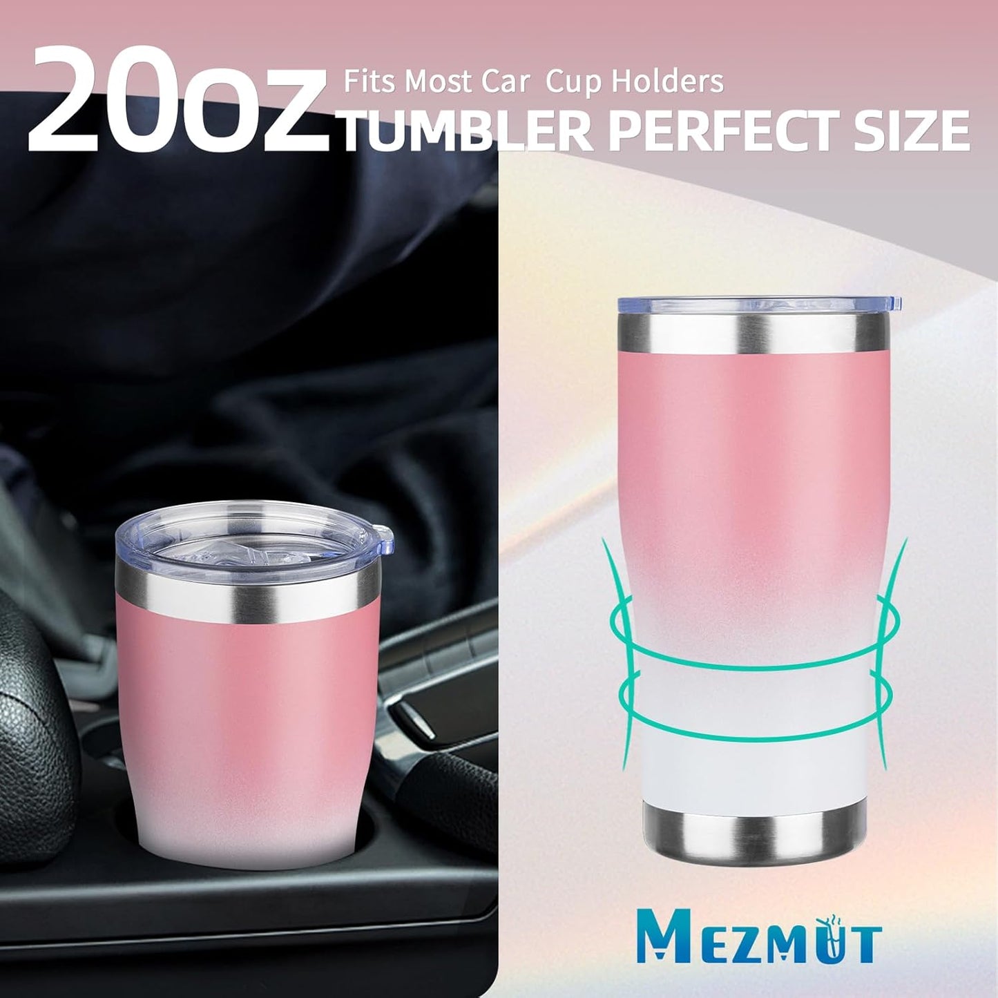 MEZMUT 20oz Coffee Tumbler with Lid and Straw Double Wall Vacuum Insulated Cup Stainless Steel Travel Mugs Insulated for Hot and Cold Leakproof Powder Coated Tumbler for Indoor and Outdoor(Pink White)