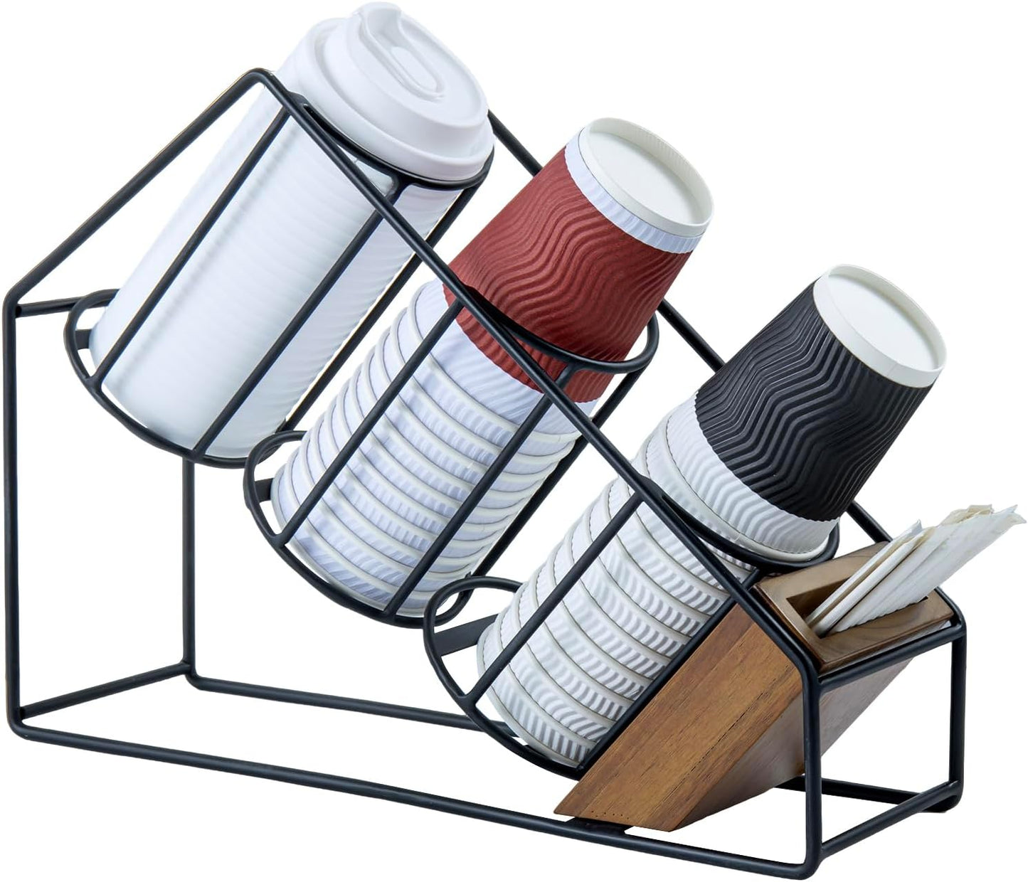 MyGift Industrial Matte Black Metal Wire & Acacia Wood Countertop Disposable Coffee Cup Organizer – Holder Rack for Cups, Lids, Straws, and Stirrers