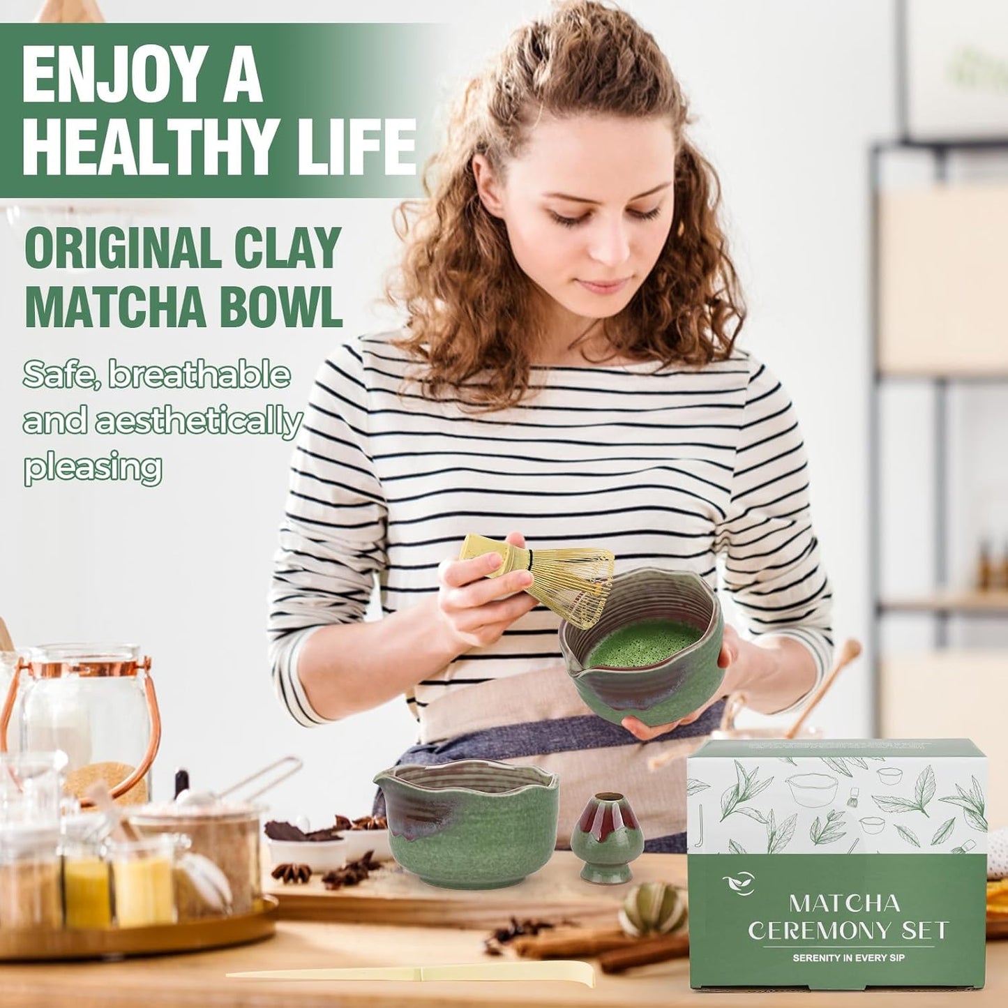 Pottery Matcha Set - Japanese Handcrafted Matcha Tea Bowl Mineral Glaze Bowl with Spout, Bamboo Whisk, Scoop & Chasen Holder | 4pc Tea Ceremony Kit for Matcha Lovers (Forest Glow)