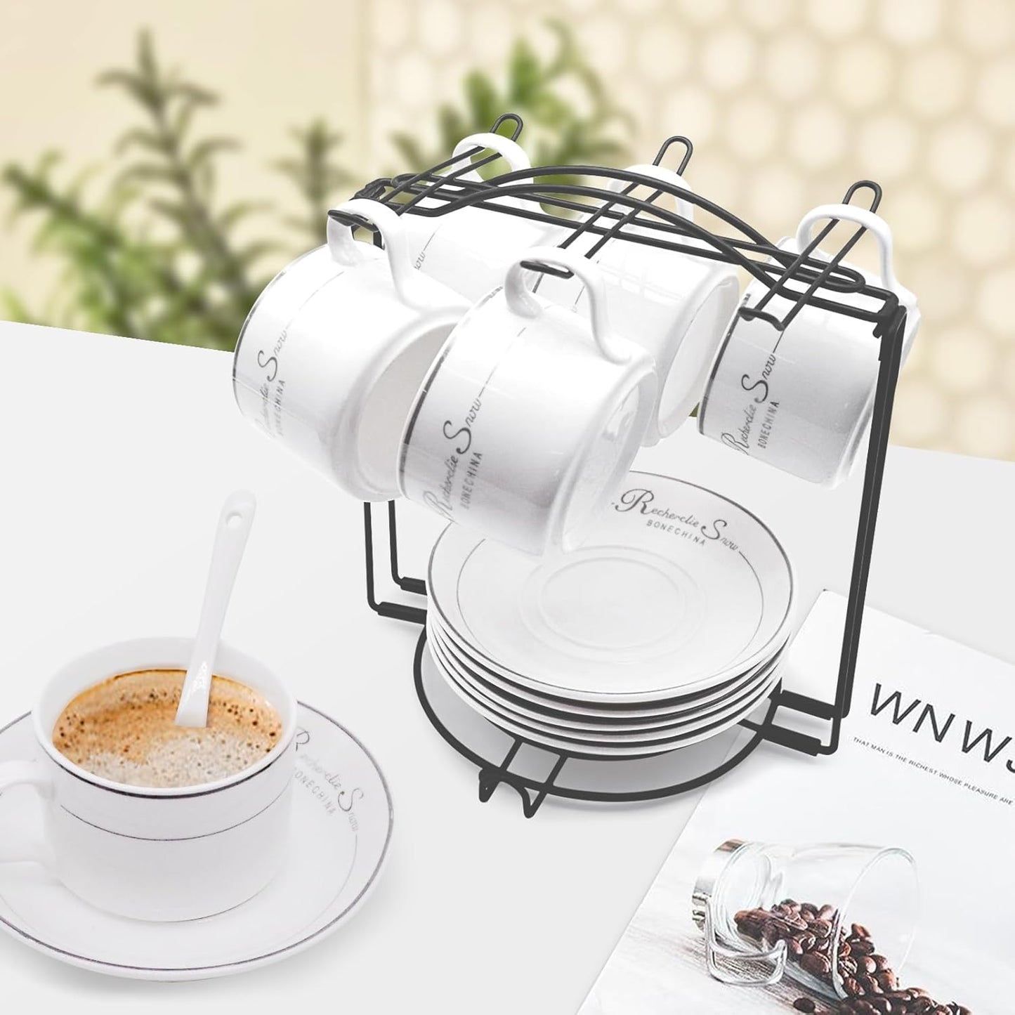 Tea Cups Holder,Black Metal Coffee Cup Tea Cups Rack,Foldable Organizer for Coffee Cup Spoon and Saucers