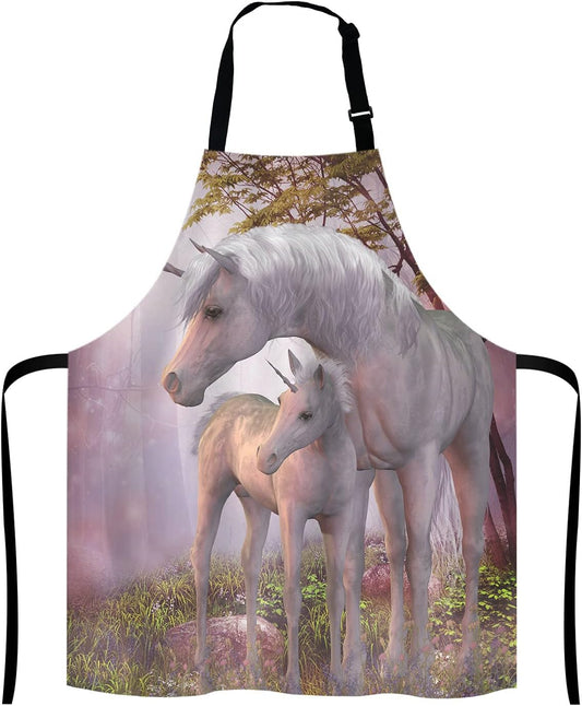 Fantasy Unicorn Adjustable Bib Apron,Unicorns Mare and Foal Cooking Kitchen Apron for Men Women