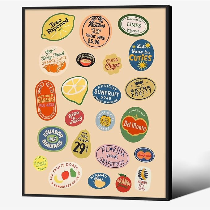 Black Framed Canvas Wall Art Posters Trendy Kitchen Vintage Fruit Market by PDFI