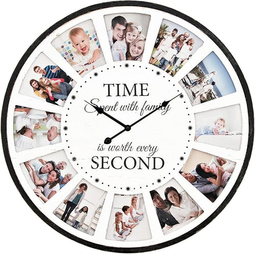 12 Photo Collage Family Wood Wall Clock, Rustic Farmhouse Wall Clock, Large by JUMBOHUMBLE