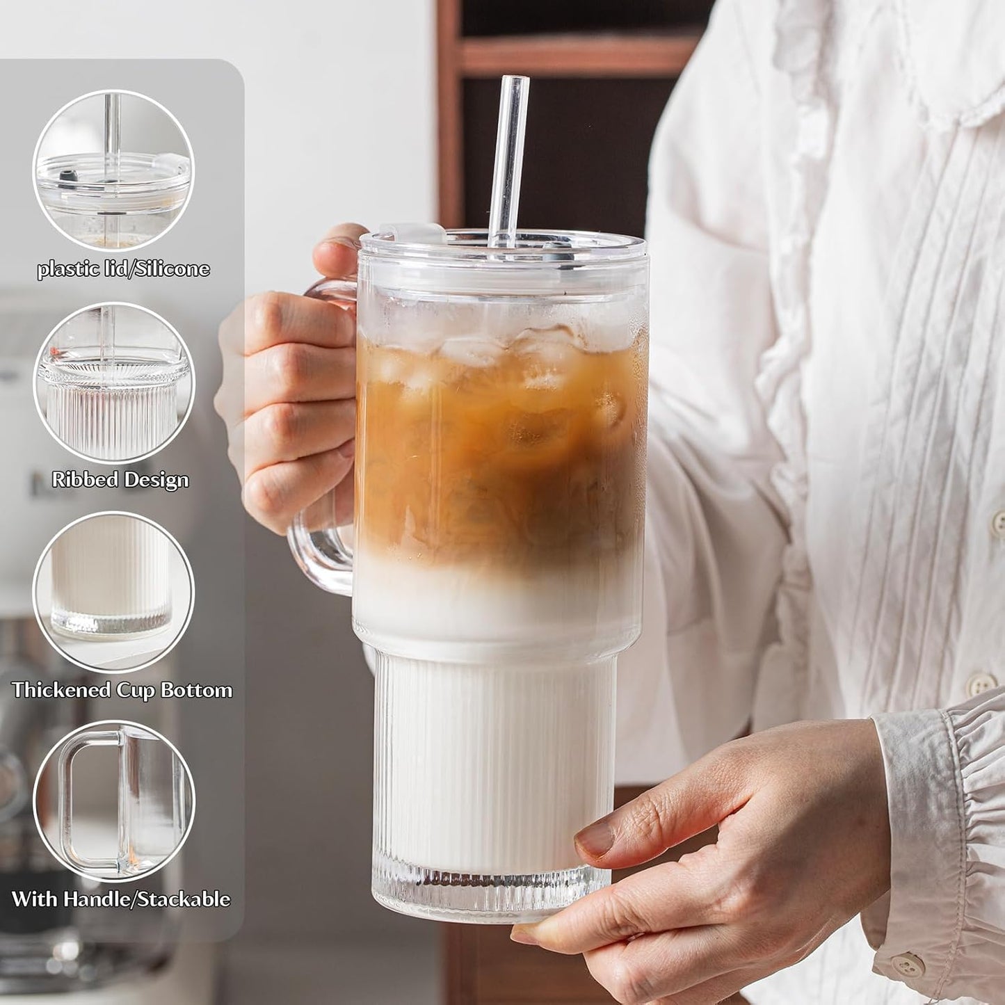 INSETLAN 26oz Glass Tumbler with Handle & Lid – 2-Pack Large Iced Coffee Cups with Straws, Modern Glass Mug for Cold & Hot Beverages, Aesthetic Travel Cup for Smoothies, Tea, and Juice