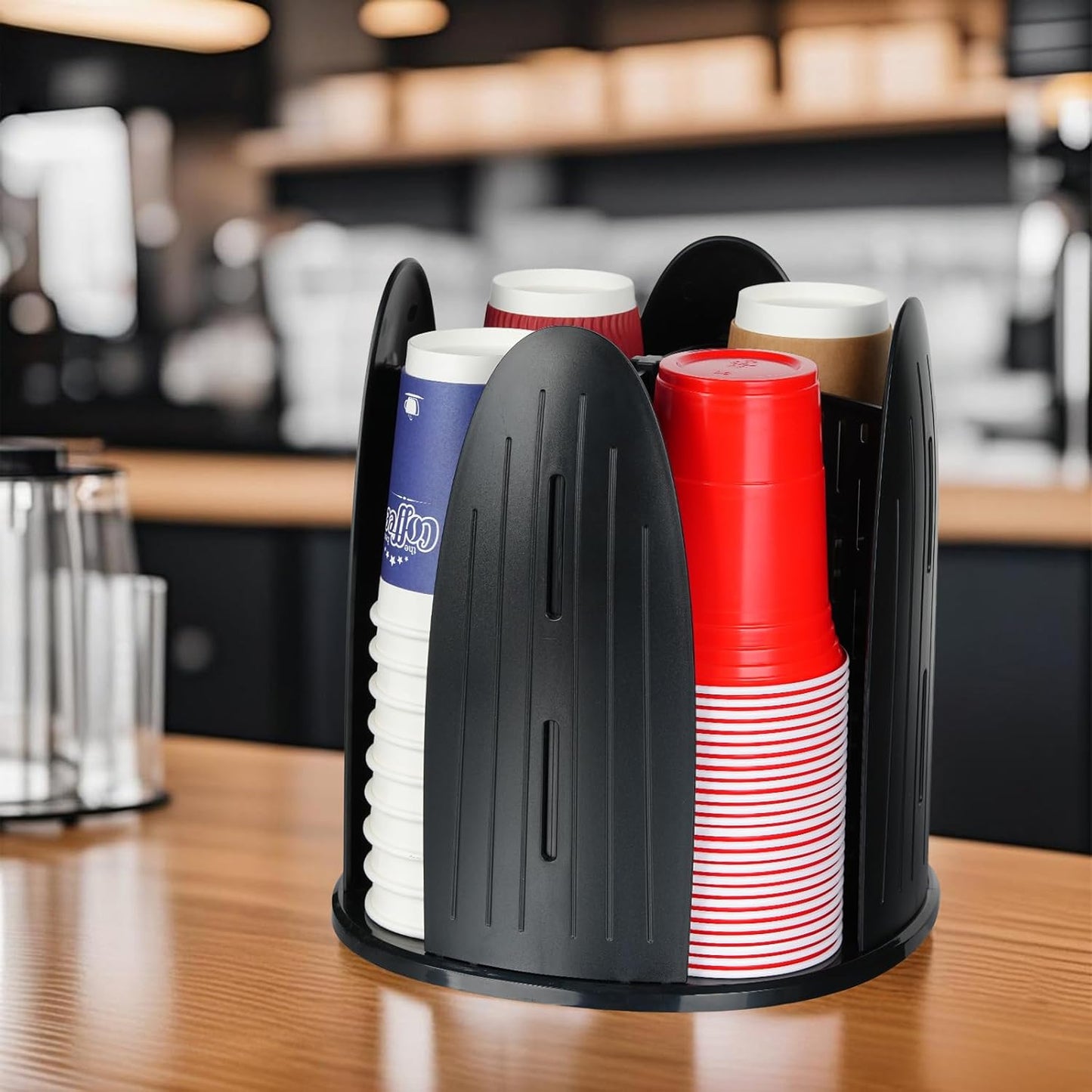 Cup and Lid Organizer ,Paper Cup Dispenser Disposable Coffee Cup Dispenser Removable Cup Holder for Bathroom,Countertops, Kitchen , Office ,Coffee Station, Bar Buffet,4 Compartment Rotating