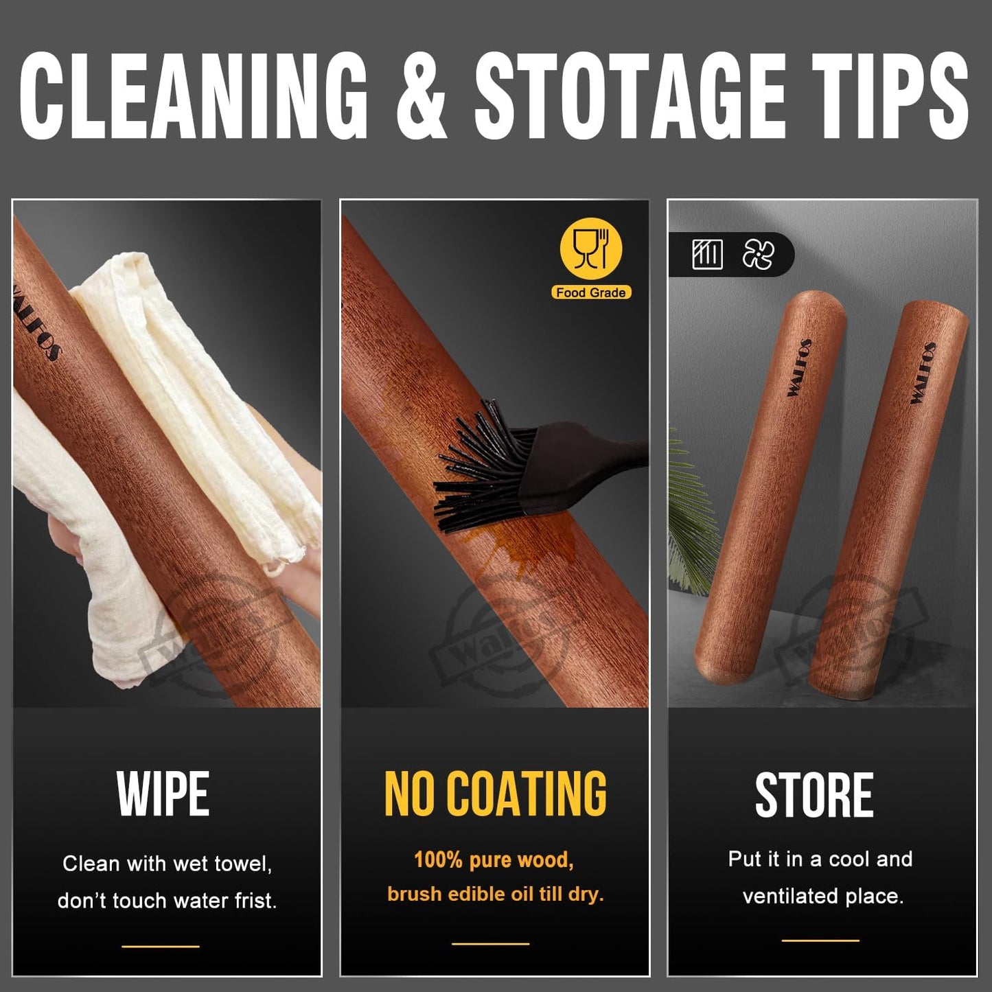 Walfos Mini Rolling Pin Set - Small Natural Wooden Rolling Pins, Baking Dough Roller for Pizza, Pie, Pasta, Bread, Pastry, No Coating (8inch)