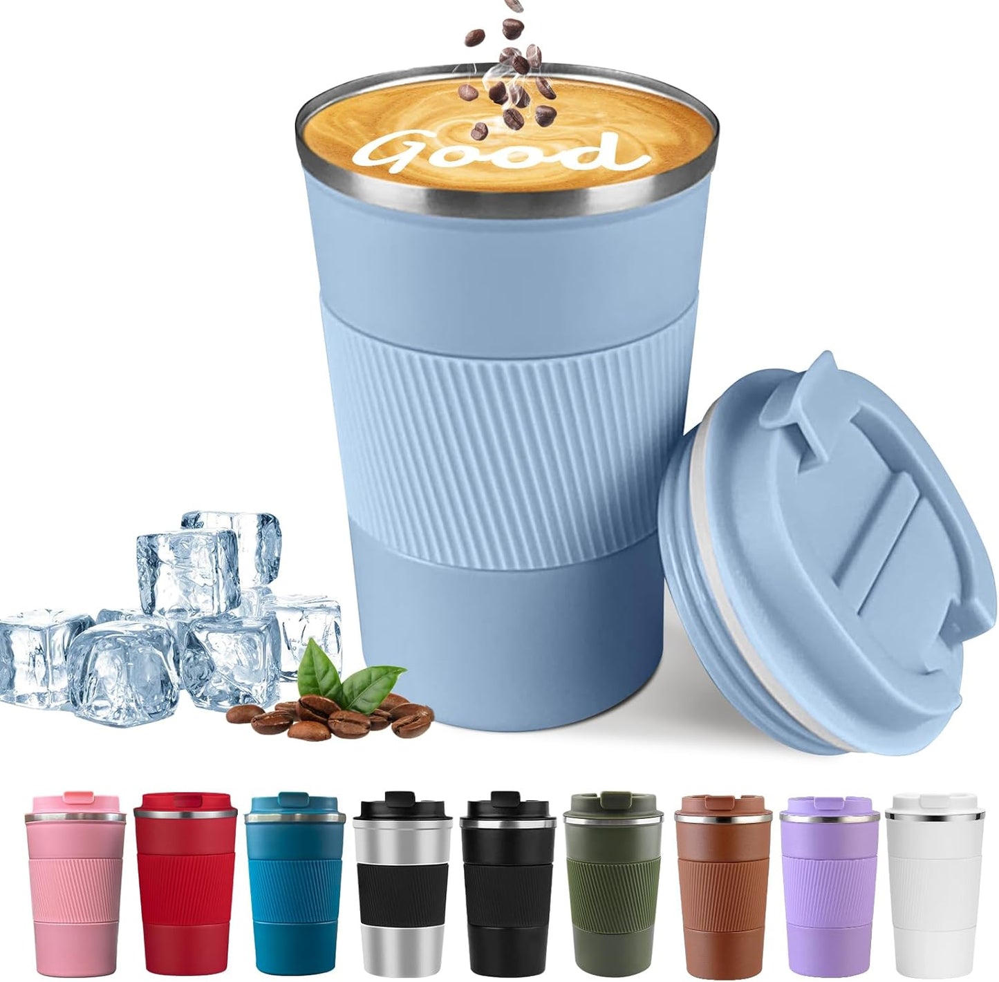 YINBAOGE Insulated Travel Coffee Mug Spill Proof Leak Proof Pobtable To Go Camping Stainless Steel Coffee Tumbler Reusable Coffee Cups with Lids Thermos for Hot and Cold Drink (Light blue, 17 OZ)