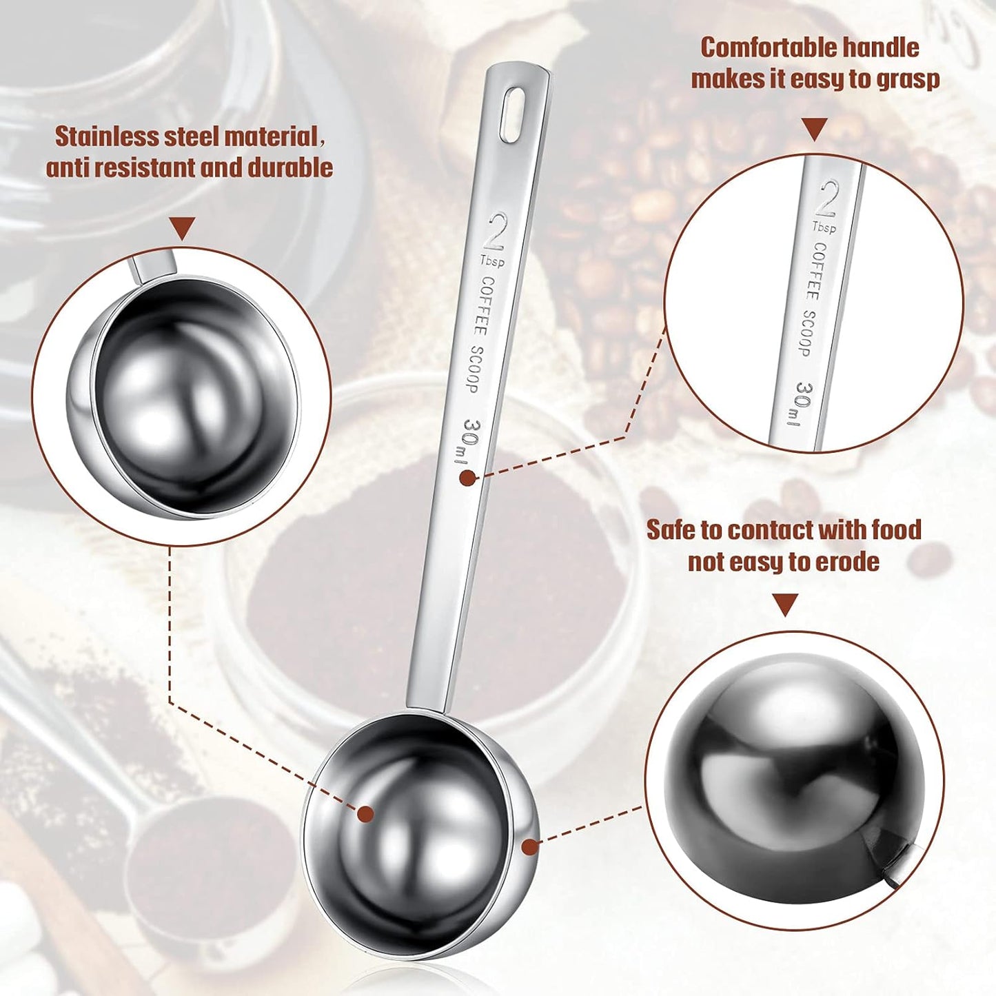 Geiserailie 4 Pieces 2 Tablespoon Scoops with Long Handle, 30 ml Stainless Steel Measuring Spoon for Coffee Milk Fruit Powder, Loose Tea Dry, Spice Jar, Cooking Baking, and Other Dry Goods