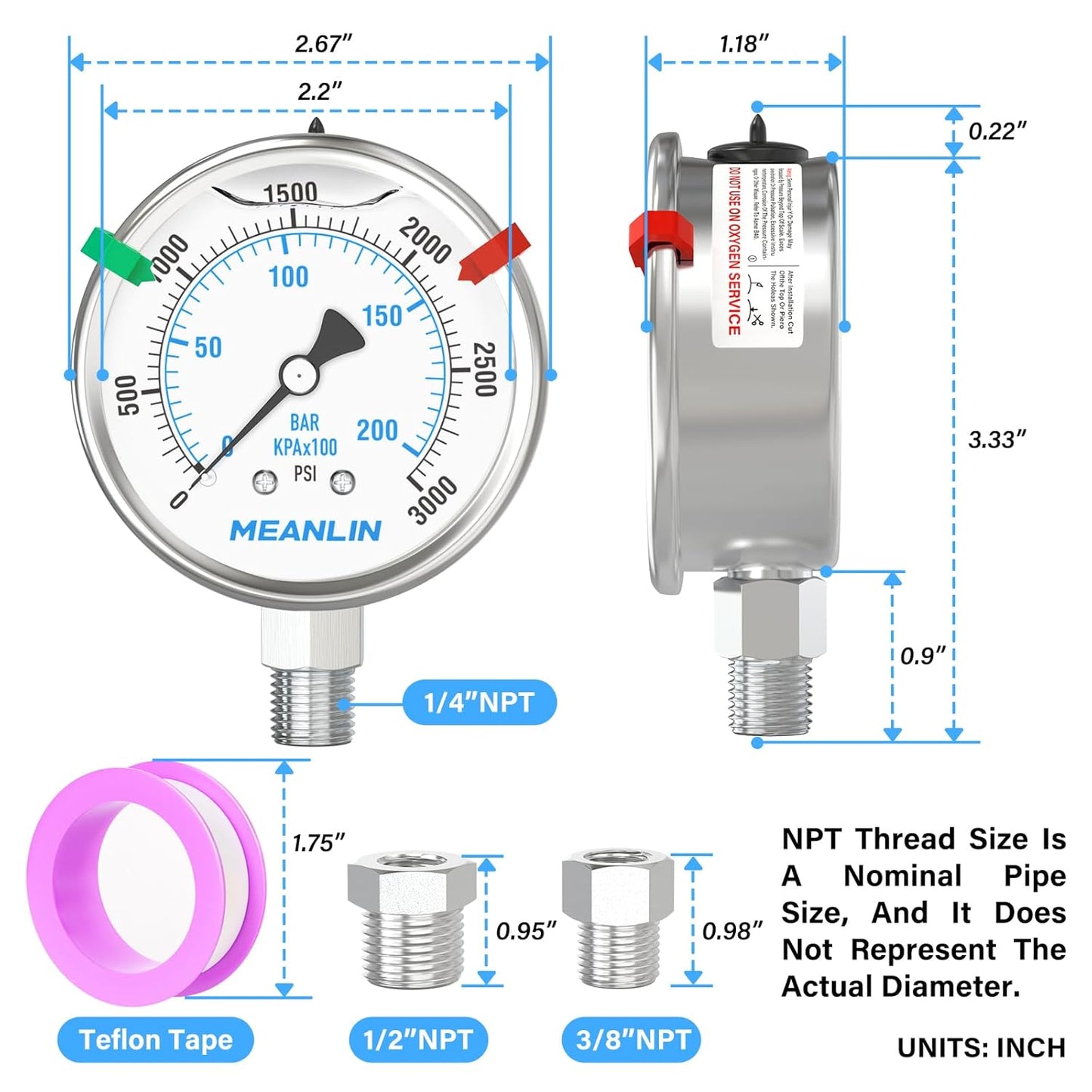 MEANLIN MEASURE 0~3000Psi Stainless Steel Liquid Filled Pressure Gauge 2.5" FACE DIAL 1/4" NPT for WOG Water Oil Air Lower Mount with Stainless Steel Hex Bushing and Snaps