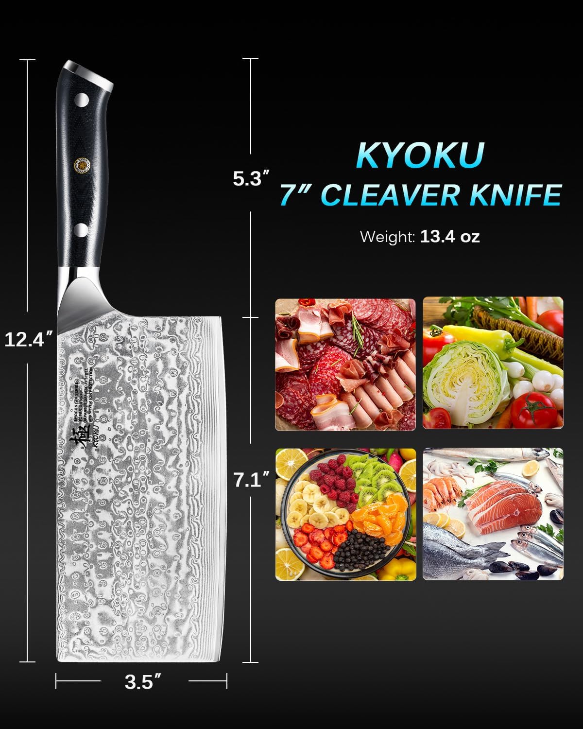 KYOKU Gin Series Vegetable Cleaver Knife, 7" Asian Vegetable Knife, Japanese VG10 Damascus Stainless Steel Knife, Professional Kitchen Knife with Silver Ion Blade G10 Handle Mosaic Pin Sheath & Case