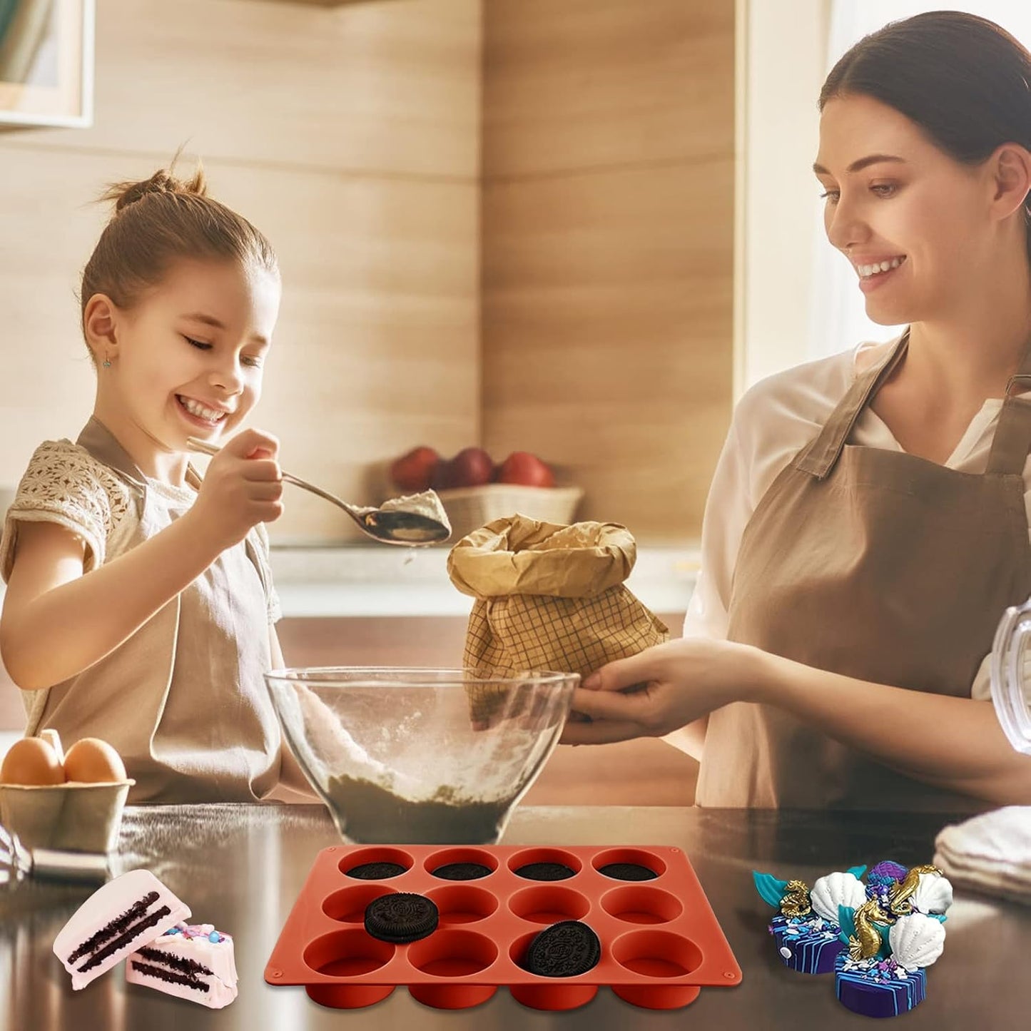 Round Chocolate Cookie Molds, 2PCS SAKOLLA Cylinder Silicone Mold for Chocolate Covered Oreos, Cake, Candy, Pudding, Mini Soap