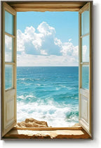 Framed Window Beach Scene Wall Art, Summer Seascape Wave Artworks by MXART