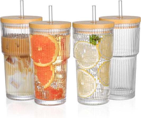 20oz Glass Cups with Lids and Straws,4PCS Ribbed Glass Coffee Cups,Iced Coffee Cups with Lid,Vintage Bamboo Tumbler for Juice,Smoothies