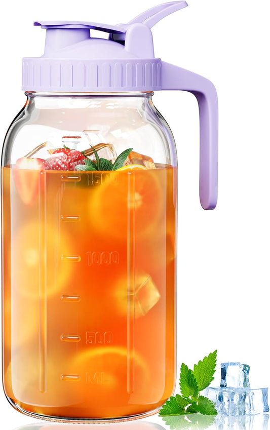 64oz Glass Mason Jar Pitcher with Lid Wide Mouth, 2 Quart Leakproof Glass Water Jug for Juice, Sun Iced Tea, Cold Brew Coffee, Milk Storage, Purple