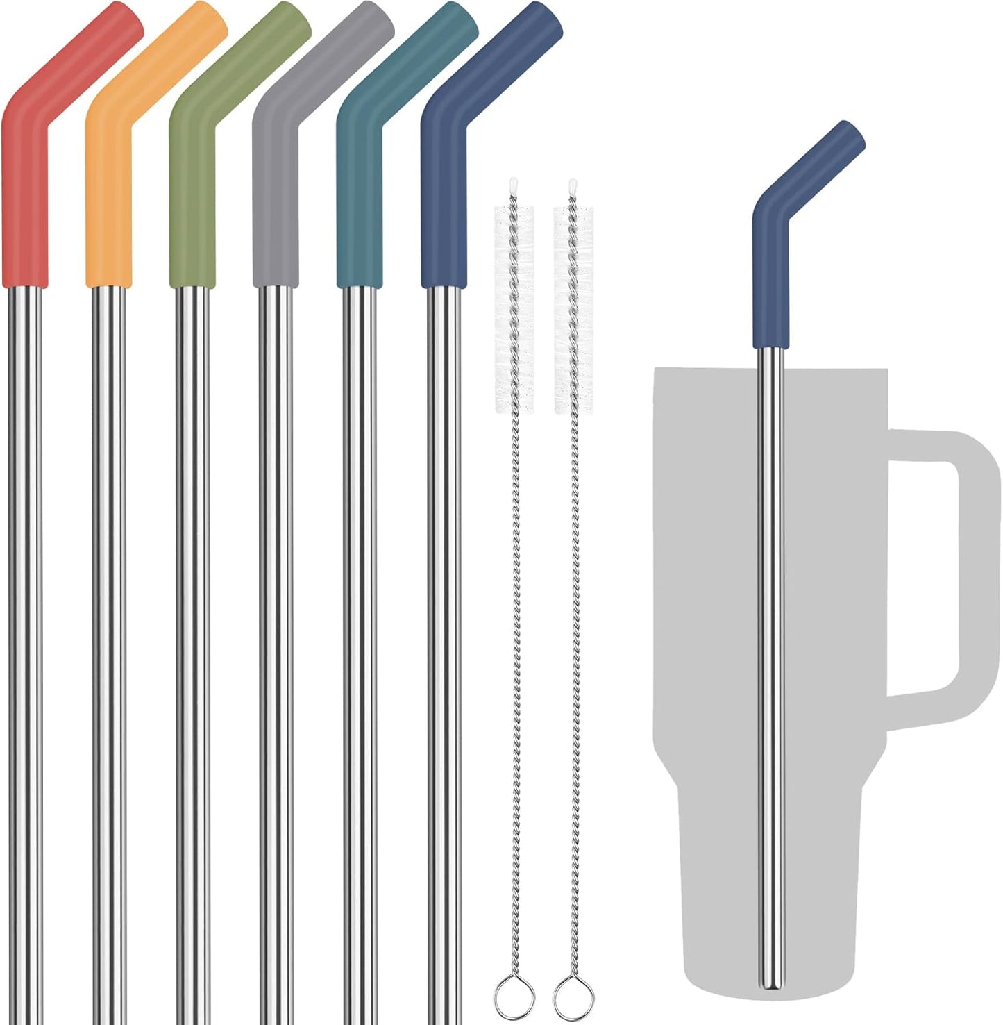 Tomorotec 6PCS Stainless Steel Straws with Silicone Tips Fit for Stanley 40oz Tumbler, 13-Inch Reusable Straw Set with Colorful Extenders & 2 Brushes, Compatible with Wide Mouth Cups (Dark Morandi)