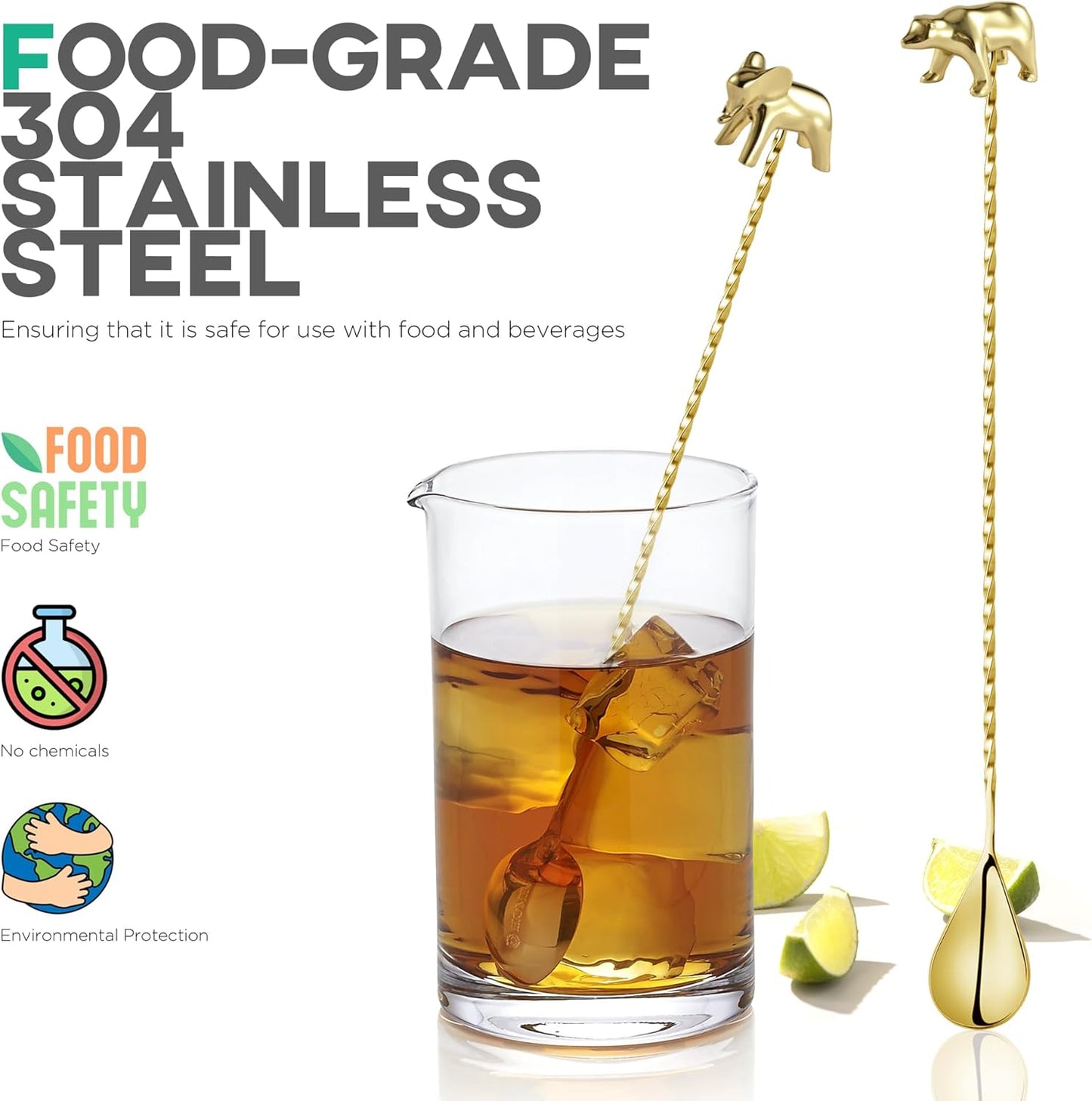 Homestia Gold 12-Inch Stainless Steel Cocktail Spoon with Elephant Bear Handle - Perfect for Mixing & Layering Drinks in Tall Cups, Bar & Shakers - Durable Long Handle Bar Stirrer, 2-Pieces