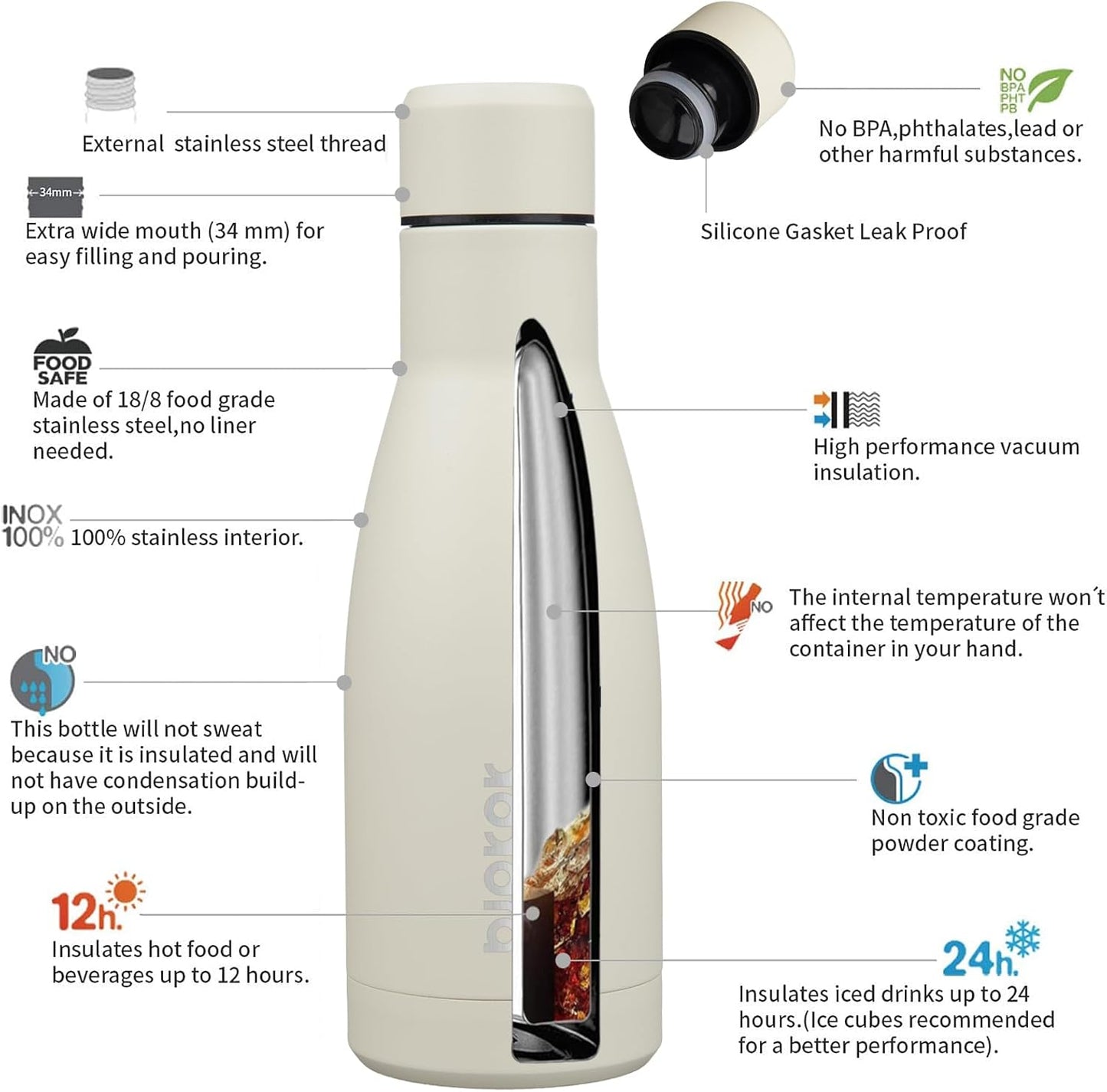 BJPKPK 12oz Water Bottles Stainless Steel Double Wall Vacuum Insulated Small Water Bottles for Travel,Beige