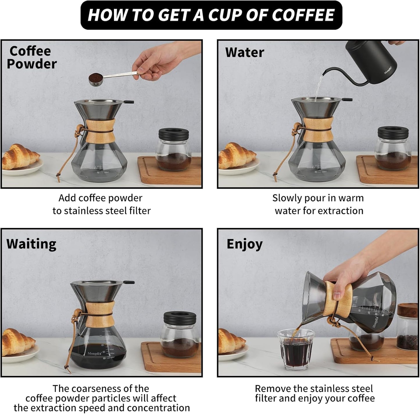 Mongdio 27 Oz Pour Over Coffee Maker with Stainless Steel Filter and Wooden Collar Holder, Borosilicate Glass Coffee Maker for Camping Home, 800ML/27OZ, Gray