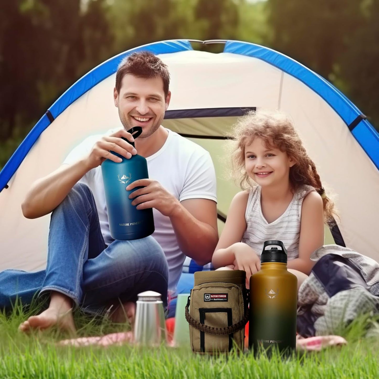 NATURE PIONEOR Insulated Water Bottles with Straw - 64oz Stainless Steel Vacuum Bottle with Holder/Carrier/Sleeve - Reusable 18/8 Food Grade Half Gallon Water Jug