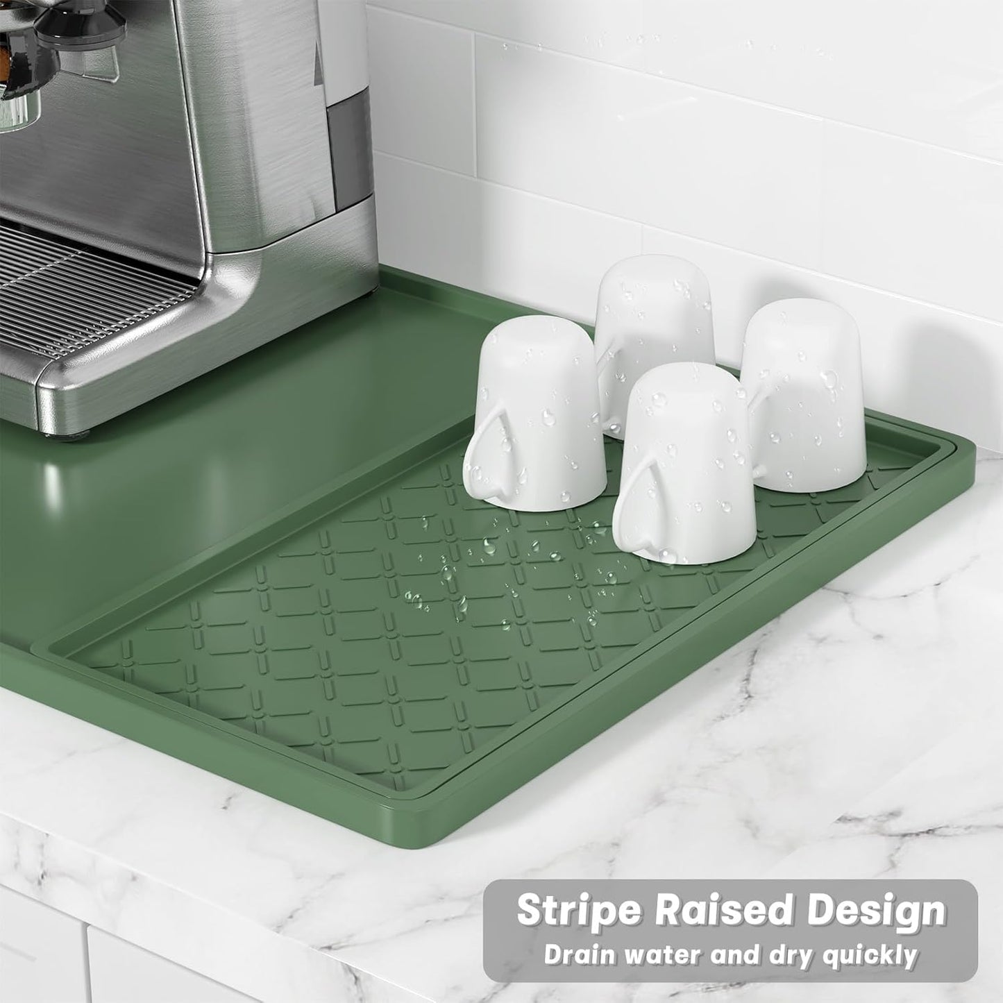 Rnivvi Silicone Coffee Mat, 16" x 24" Waterproof Raised Edge Coffee Bar Mats for Espresso Machine Station Accessories, Heat Resistant Detachable Dish Drying Pad for Kitchen Counter, Dish Rack, Green